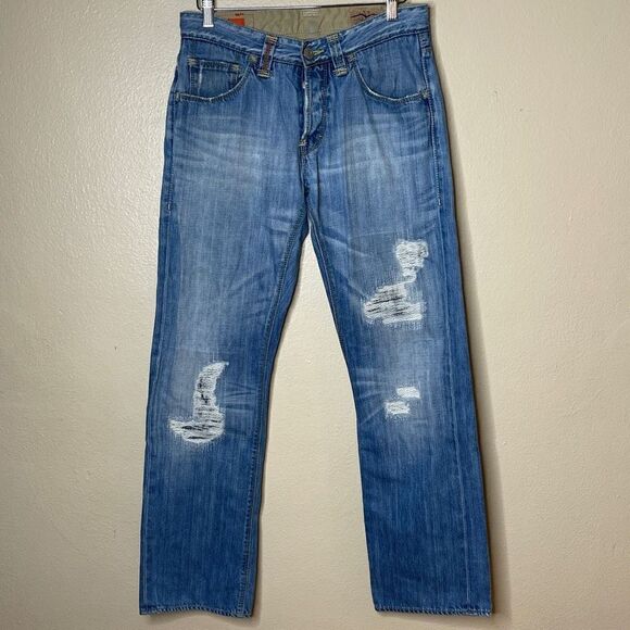 BOSS HUGO BOSS Jeans Mens Size 32 Straight Leg Light Wah Blue Distressed - Picture 2 of 14